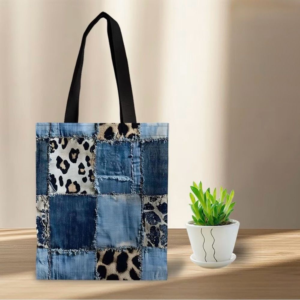 Denim and Leopard Patchwork Tote Bag
